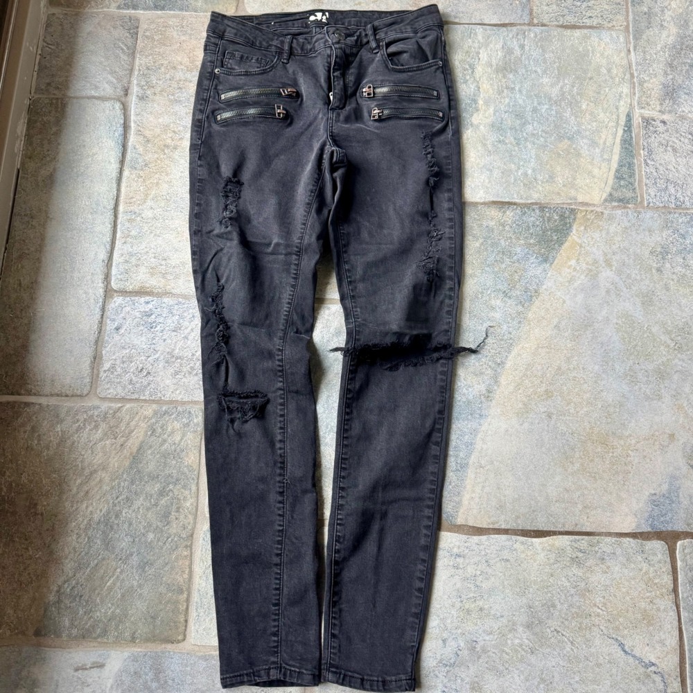 Y2K Garage Black High Waist Distressed Jeggings w Zipper Detail Grunge Goth Sz 3